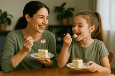 ケーキを食べる母娘